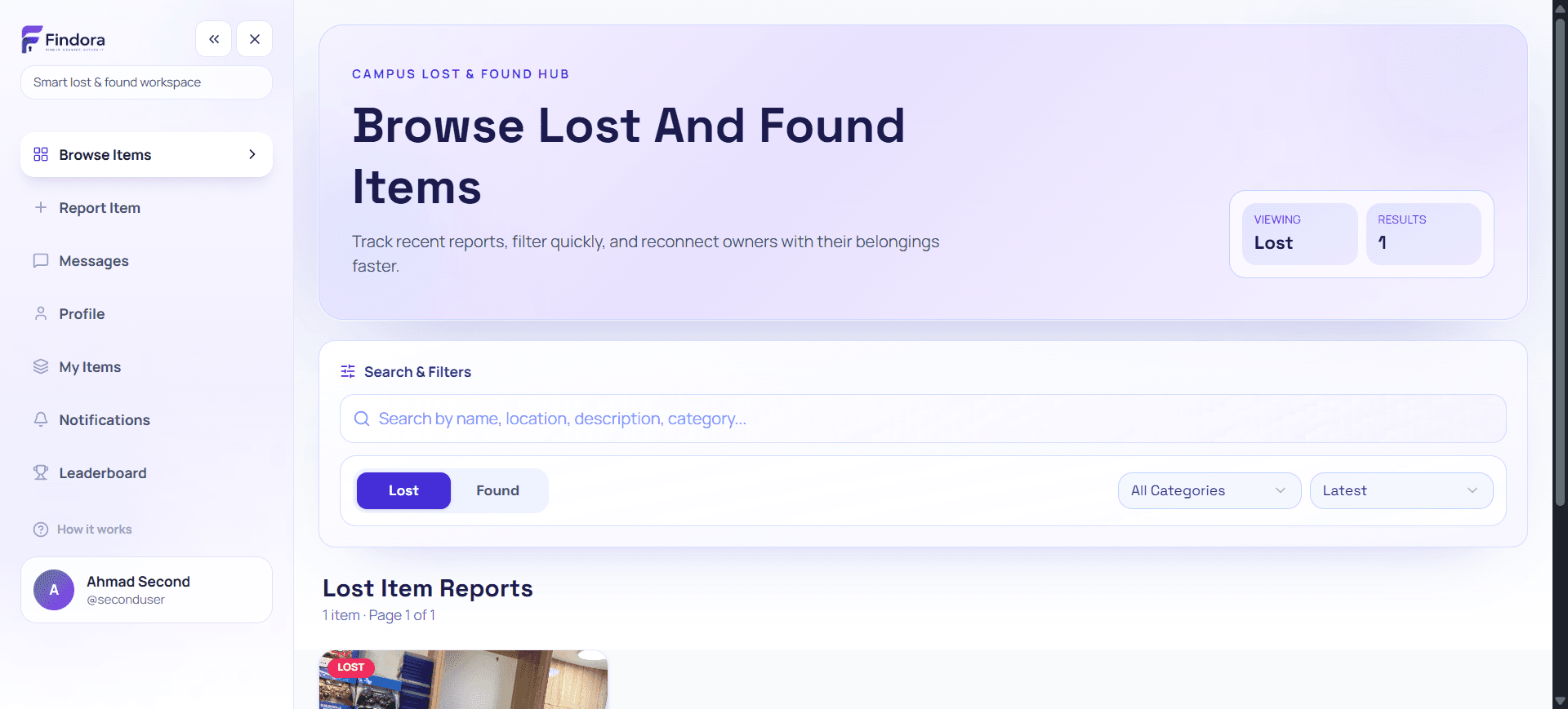 Findora lost and found platform — browse items screen